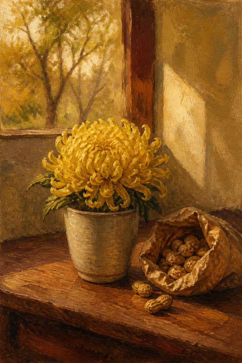 Oil painting of a yellow chrysanthemum on linen canvas, in the spirit of Hideko's story